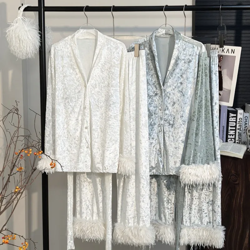 

Luxury French Style Velvet Pajamas Set Elegant Women Sleepwear Homewear Sexy Long Sleeve Cardigan Robe Pijamas Suit Lounge Wear