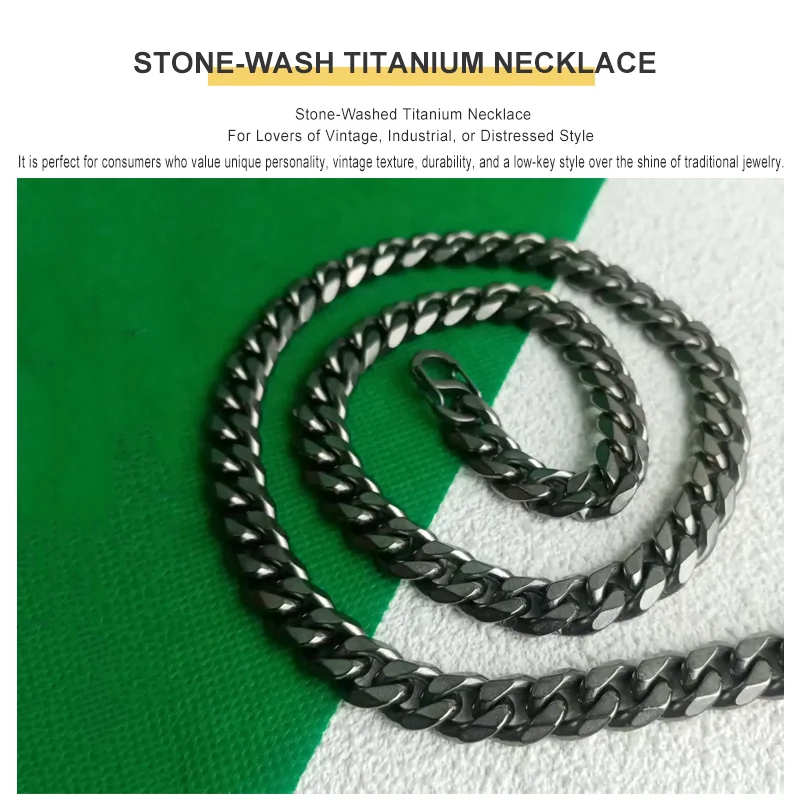 10.5mm Pure Titanium Six Sided Cuban Necklace Polished Stone Washed Fashionable Jewelry for Lovers