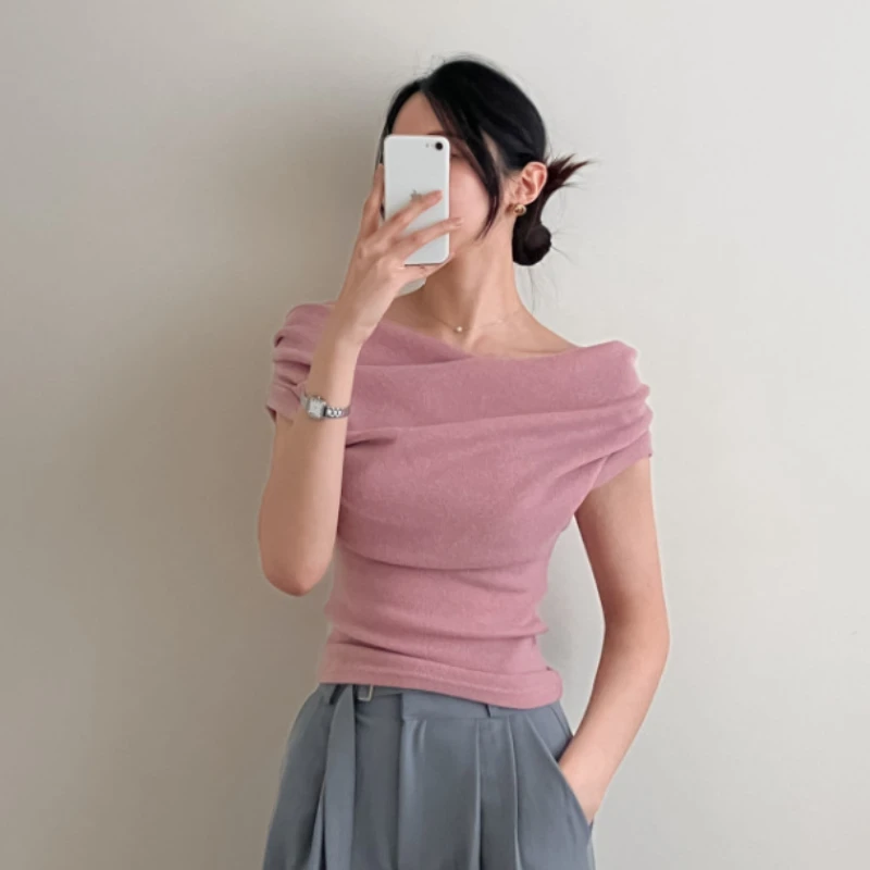 Short Sleeve T-shirts Women Slash Neck Simple Casual Soft Criss-cross Stylish Off-shoulder Korean Style Ulzzang Trendy Elegant