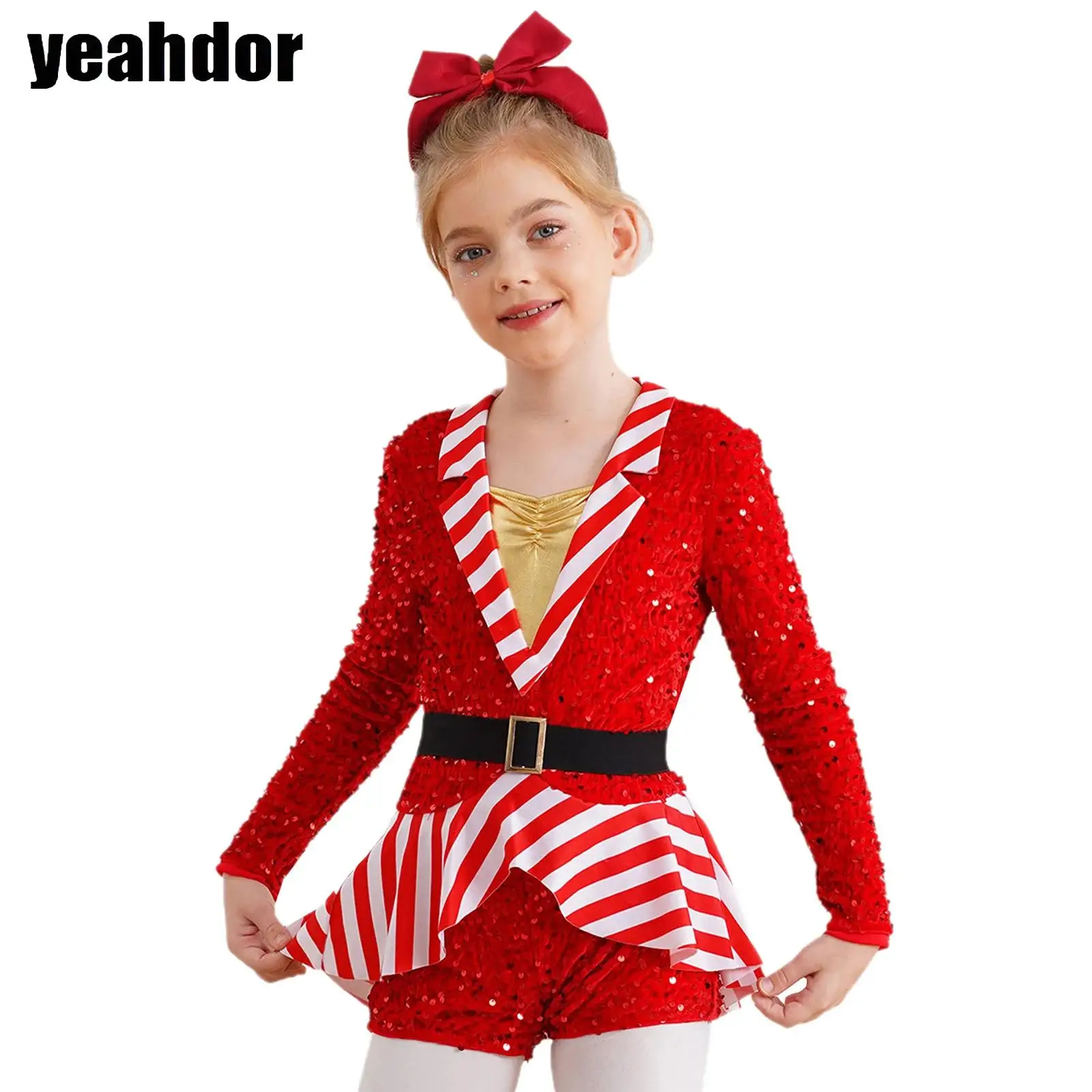 

Girls Candy Cane Christmas Sequin Dance Jumpsuit Unitard Long Sleeve/Sleeveless Striped Bodysuit Xmas Santa Sweetie Costumess