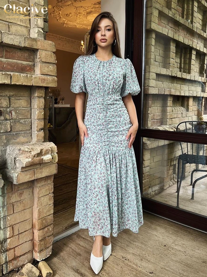 

Женское облегающее платье Clacive с принтом, модель 2024 года, модные платья с круглым вырезом и коротким рукавом до щиколотки, элегантное классическое женское платье с рюшами