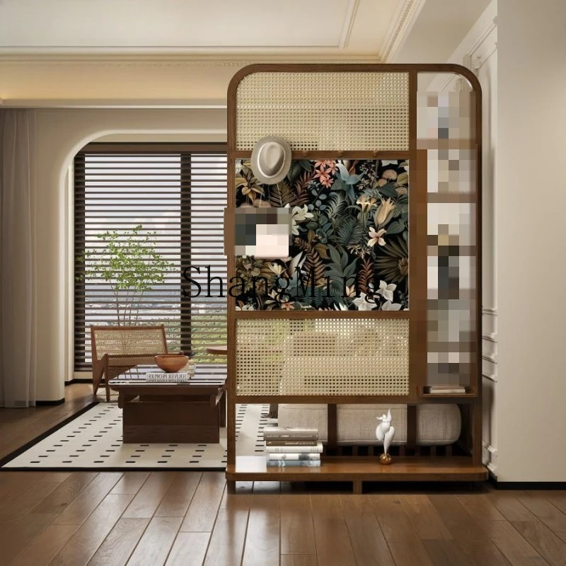 

FG movable solid wood rattan screen partition door entrance porch block medieval decorative rack