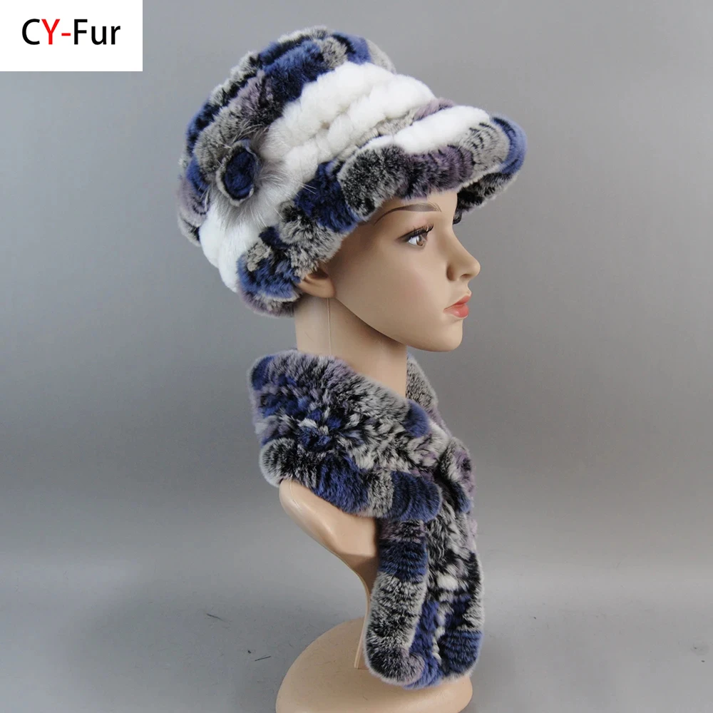 

New Women Winter Knit Real Rex Rabbit Fur Hat Scarf Sets Natural Warm Fur Cap Scarves 2 Pieces Girl Quality Real Fur Hat Muffler