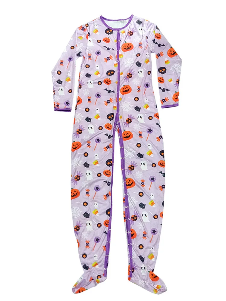 With Pumpkin Print Adult Onesie Cute Bodysuit Pajamas Long Romper Open Snap Crotch Sleep Wear Teen Daddy Adult Jumpsuit