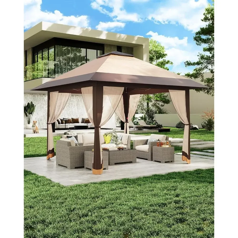 13x13 Outdoor Gazebo with Mesh Cover, Adjustable Height, and Carry Bag - Ideal for Backyard and Balcony Furniture in Khaki