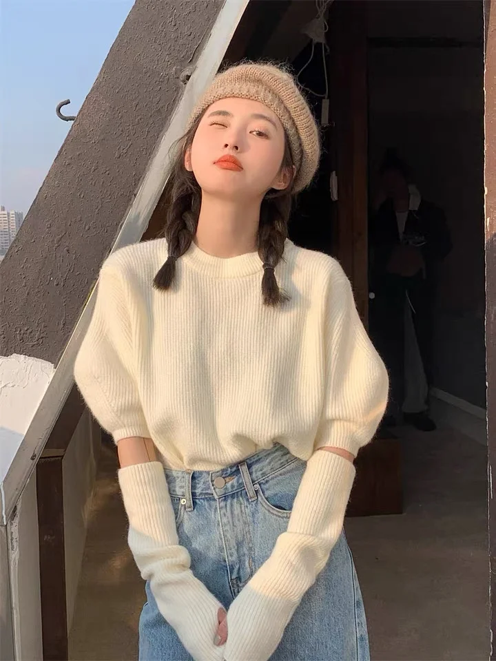 Detachable Sleeve Knitted Sweater Women Plus Size Women'S Winter Velvet Double-Zip High-Grade Pullover Homewear Elegant Black OL