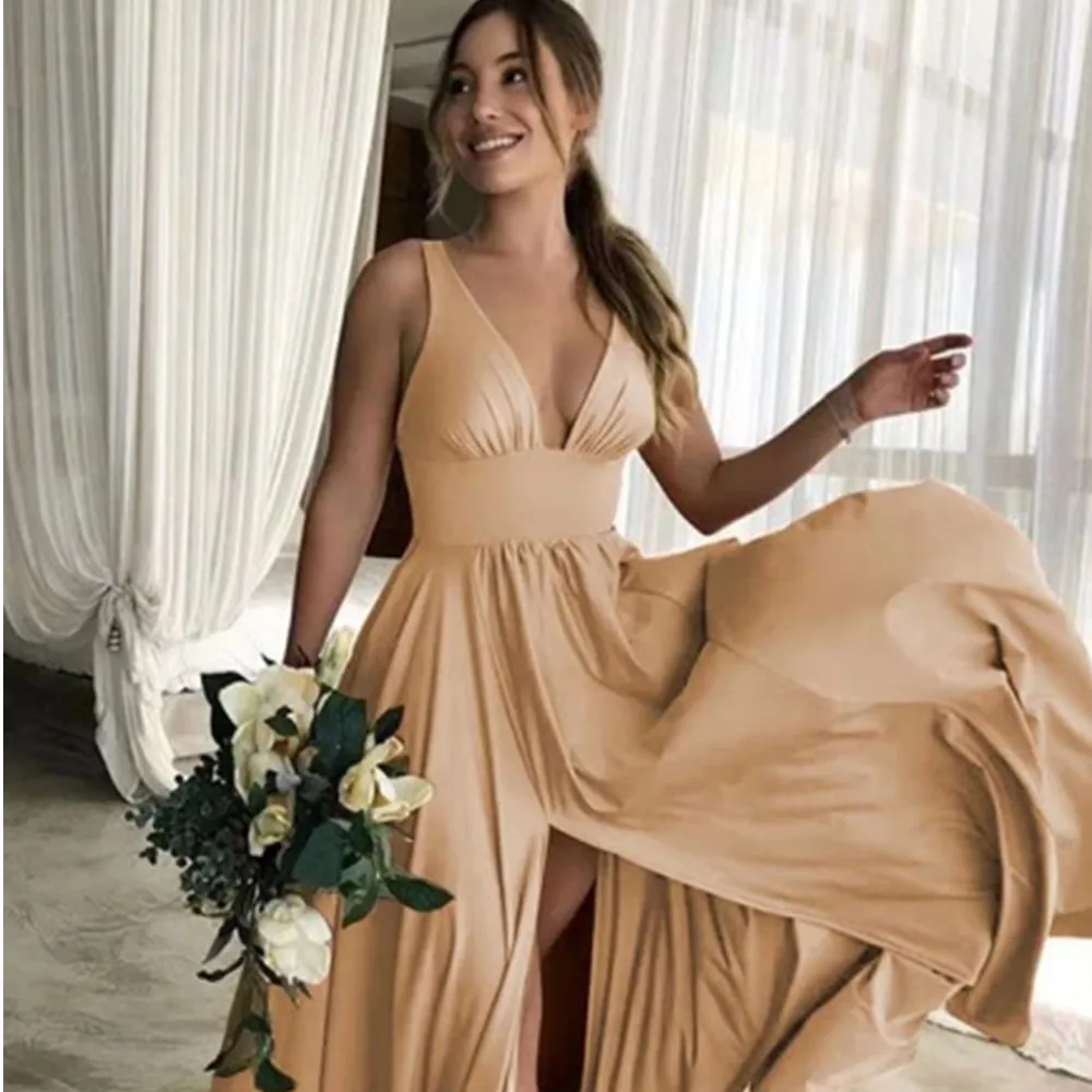 Simple Solid Elastic Waist Side Slit Bridesmaid Dress A Line Sexy V Neck Tank Sleeve Long Wedding Party Dresses