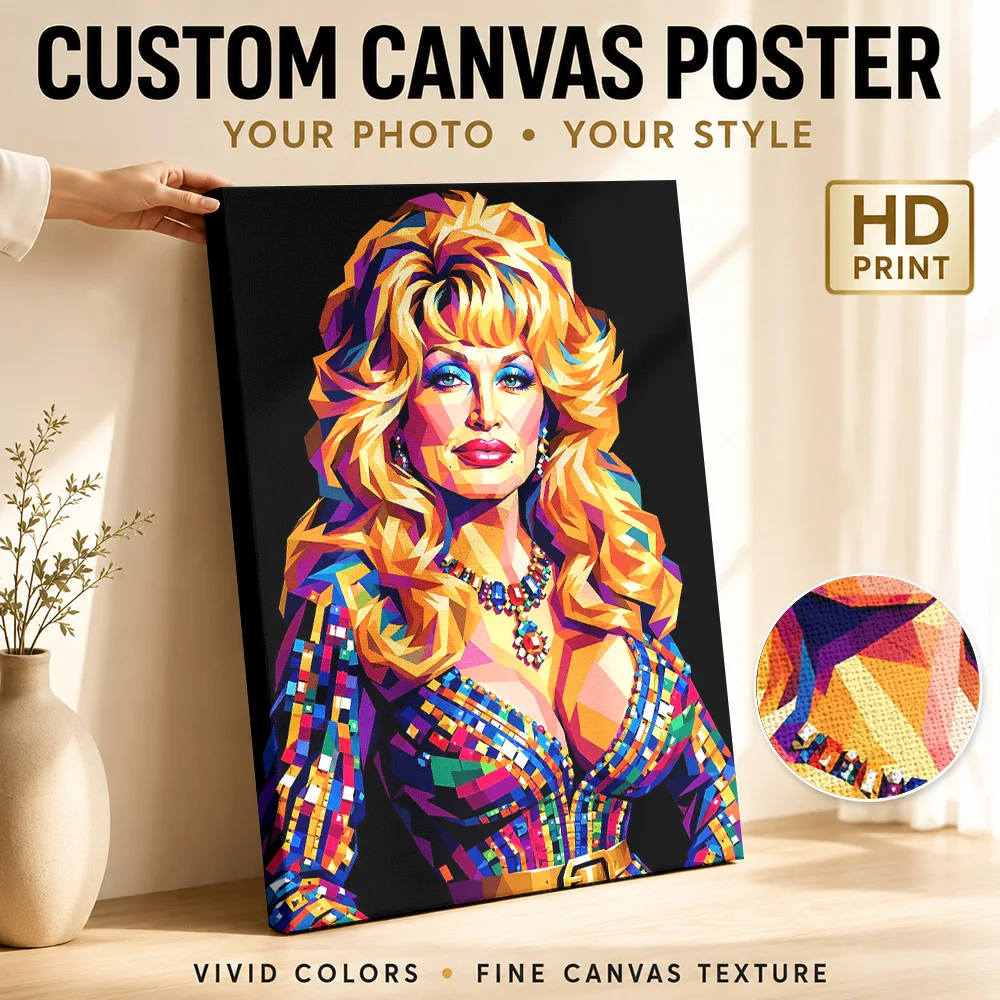 Dolly Parton In Checkered Jacket Framed Canvas Print Personalized Photo Bright Geometric Colors Wall Art For Farmhouse Kitchen