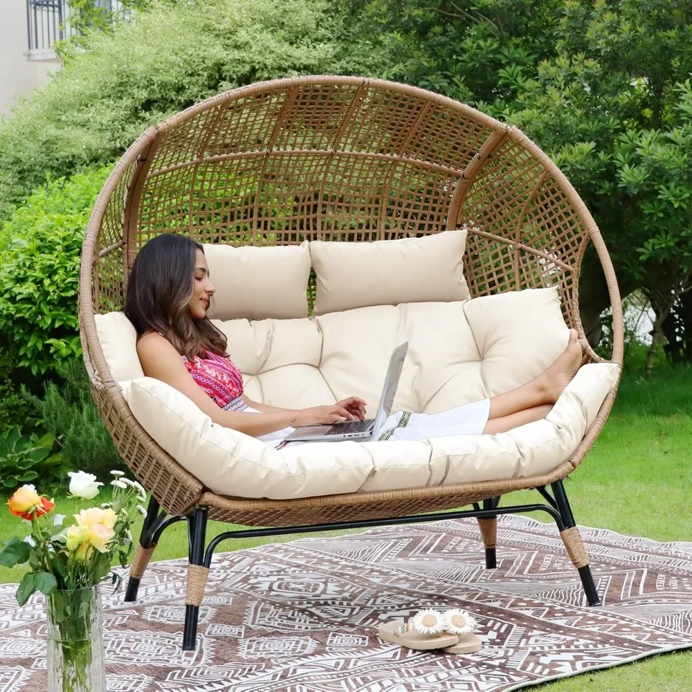 Double Egg Chair Indoor Outdoor Stationary Oversized Thicken Padded Cushions,2 Person Egg Loveseat Chair,for Patio Balcony Porch