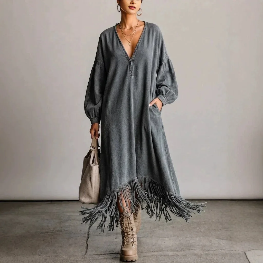 Modisches Retro-Quastenkleid mit Revers, V-Ausschnitt, Langen Ärmeln, Fransen-Saum und Laternenärmeln - Elegantes Herbst-Partykleid