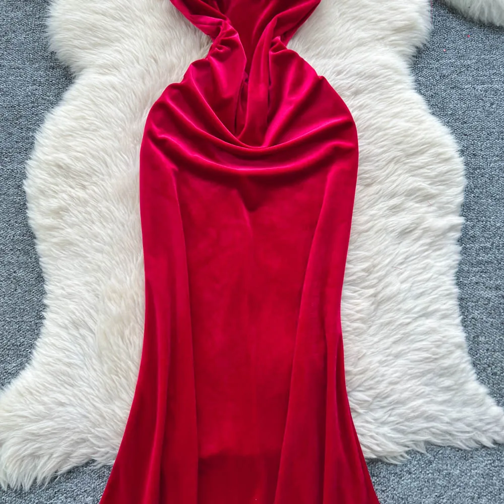 ヴィンテージ エレガント バックレス ベロアドレス シックなドレス 女性ファッション レトロ パーティー セレモニードレス