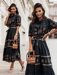 Spring Autumn Women's New Short Sleeve Fashion Positioning Flower Linen Lace Belt Mid Length Shirt Ankle Casual Dress