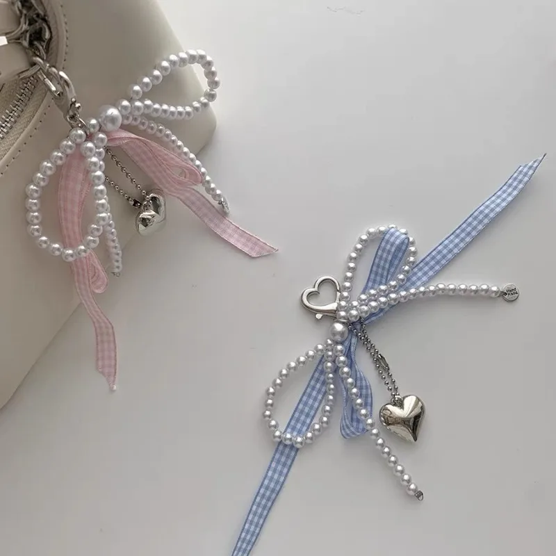 Lattice Ribbon Bowknot Pearls Bag Pendant Charm Heart Keychain Elegant Beaded Keyring Sweet Key Chain Phone Key Bag Hangings