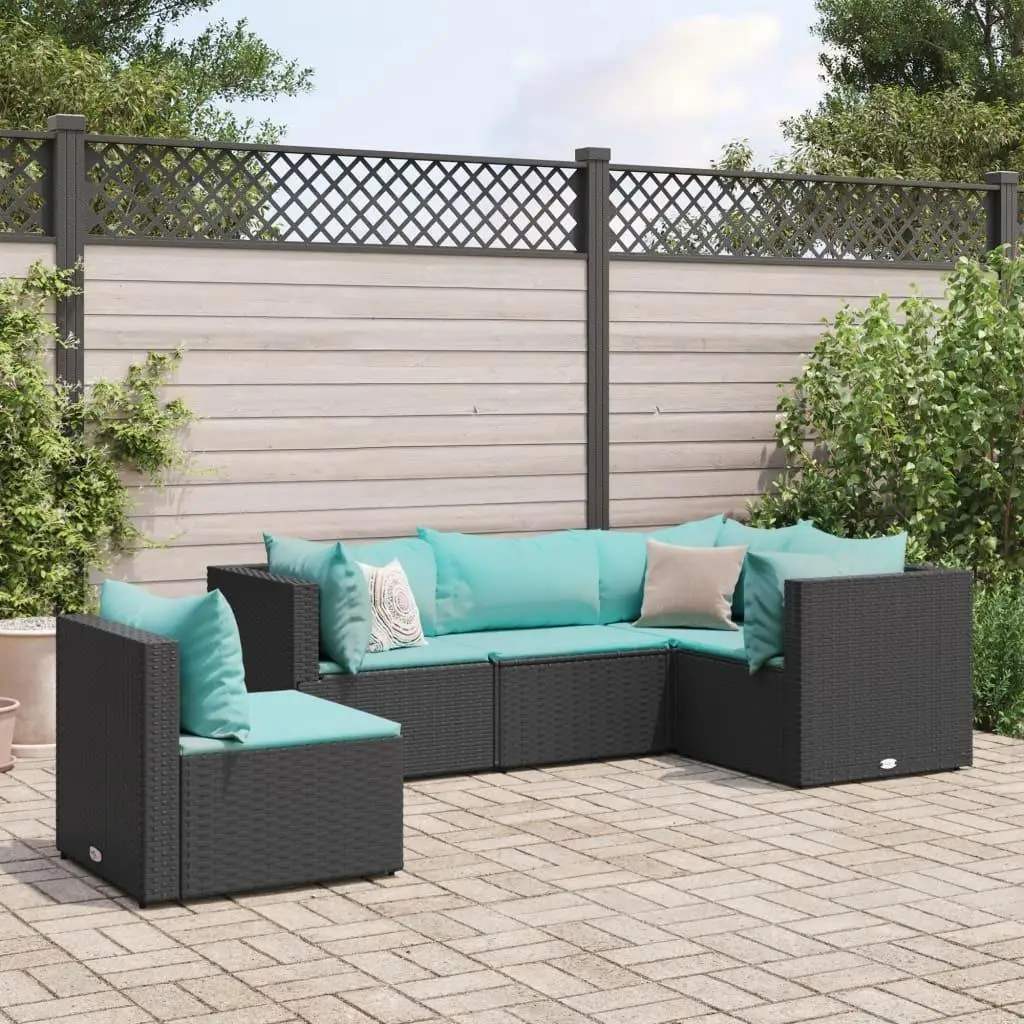 5-Piece Black Poly Rattan Patio Lounge Set with Cushions for Outdoor Relaxation