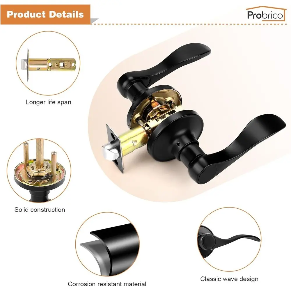 Matte Black 3-Pack Interior Door Levers, Keyless Hallway & Closet Handles, Reversible Wave Design