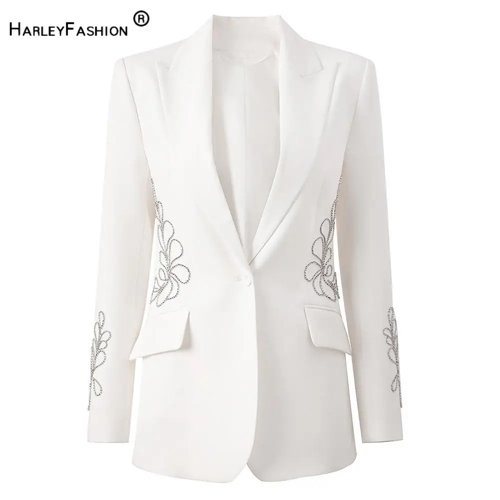 2025 Spring New Arrival Lady Notched Single Button Long Sleeve Coat Rhinestone Solid Casual Office Slim Blazer Woman