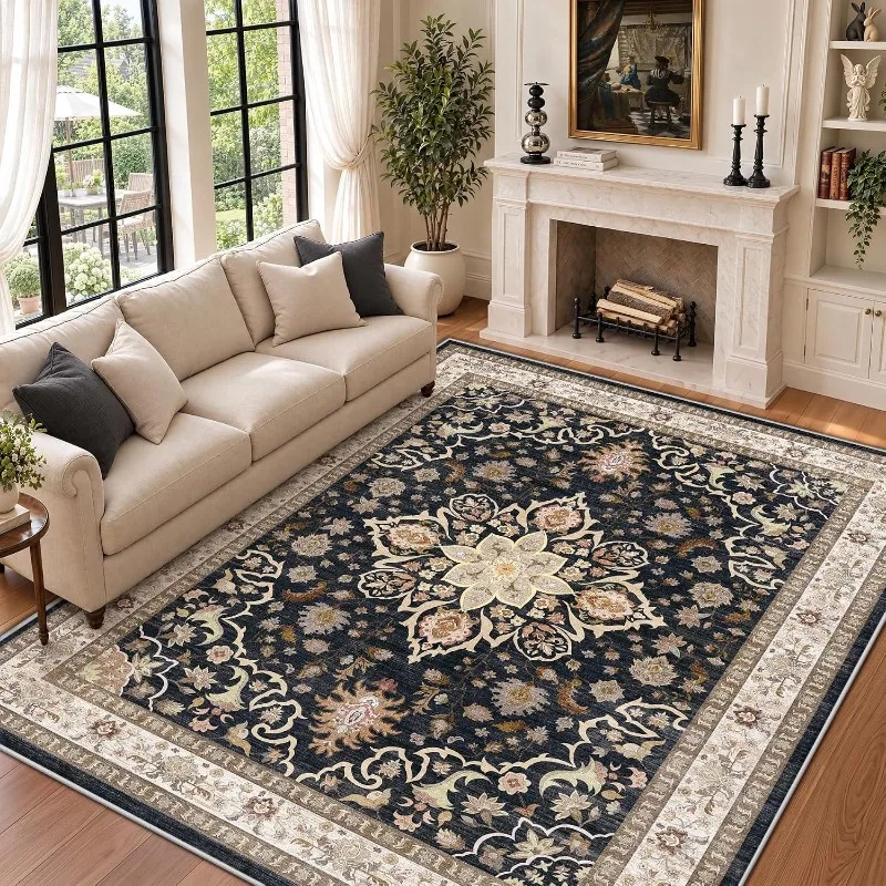 Vintage Persian Area Rug Beige Distressed Floral Carpet Non-Slip Machine Washable Large Floor Mat for Living Room Bedroom Sofa