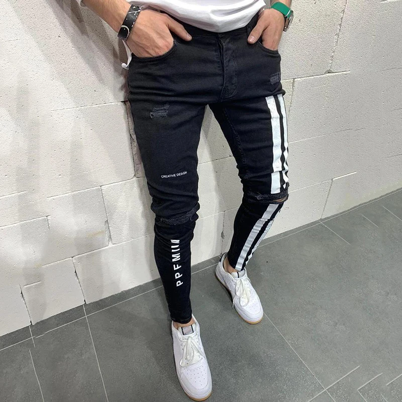 2025 الرجال نحيل الجينز موضة صغيرة الساق قلم رصاص بنطلون الربيع شارع العليا عادية بنطال مرن مطبوعة تنوعا الجينز الذكور #4