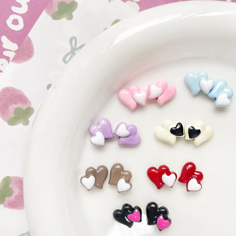 10pcs Candy Color Lovely Alloy Love Double Match Color Fresh Three-dimensional Heart Handmade Diy Beaded