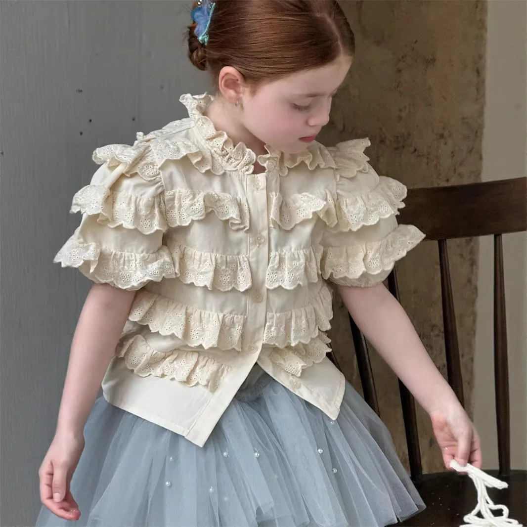 

2026 Spring Summer New Girls Ruffled Lace Patchwork Short Sleeved Shirt Girls Retro Cute Lace Short Sleeved Top