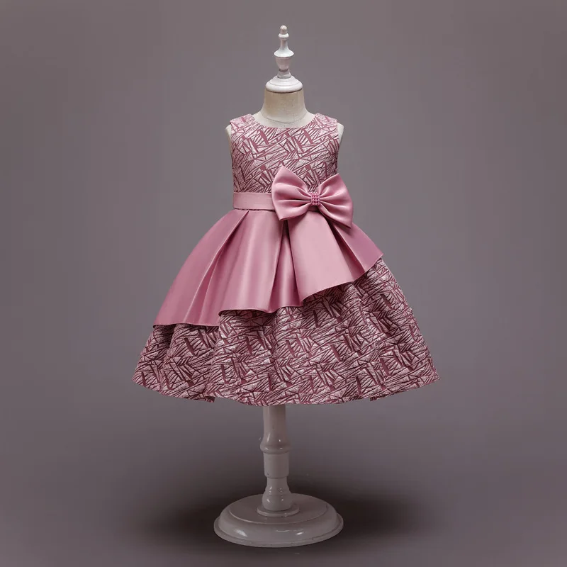 

Kid Sleeveless Dress Bow Front Girl Textured Fabric Layered Skirt Children Elegant Gown Formal Event Outfit Special Occasion