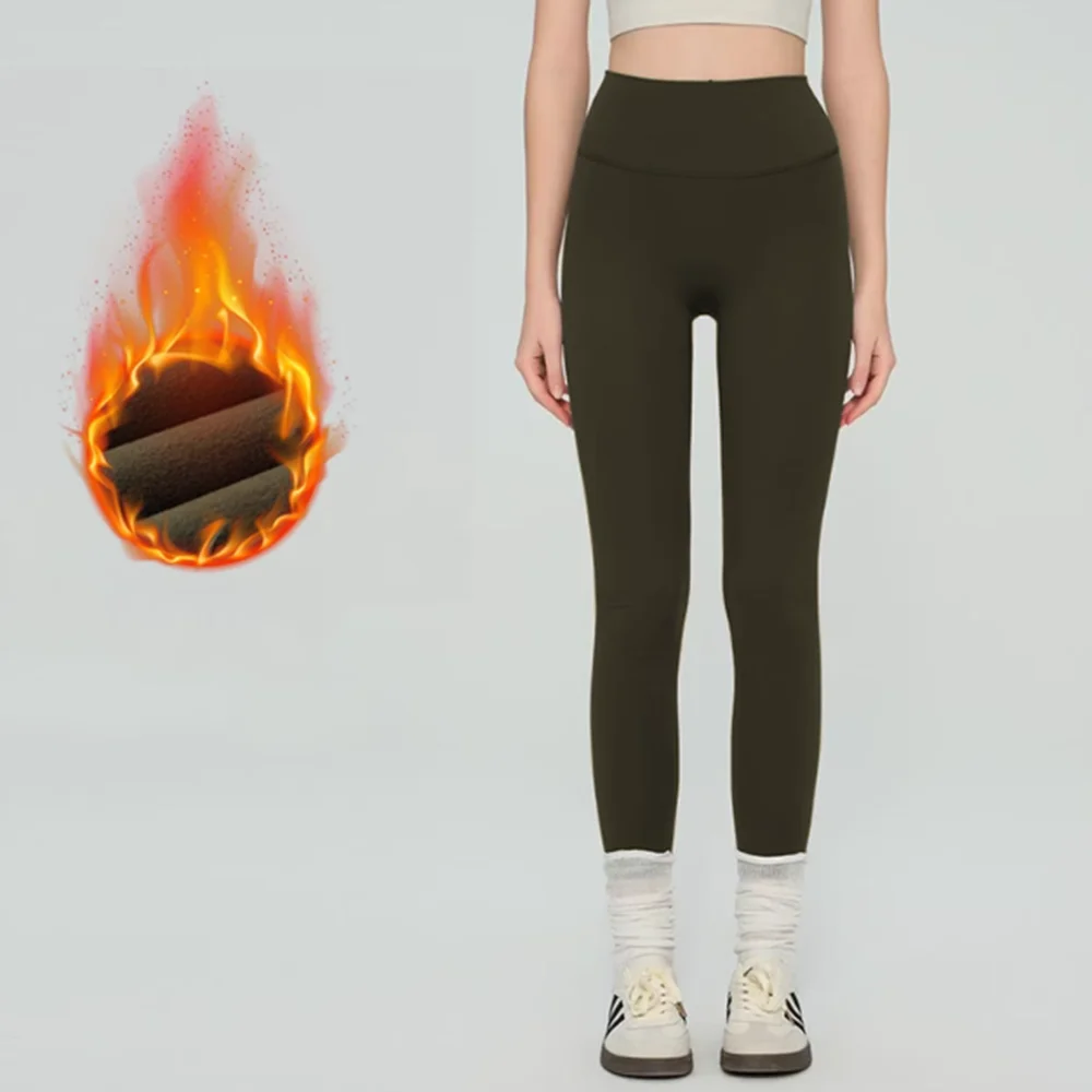 سراويل ضيقة من الصوف الحراري للنساء، سراويل للتمرين عالية الخصر بدون خياطة أمامية، دافئة ومقاومة للقرفصاء لفصل الشتاء #4