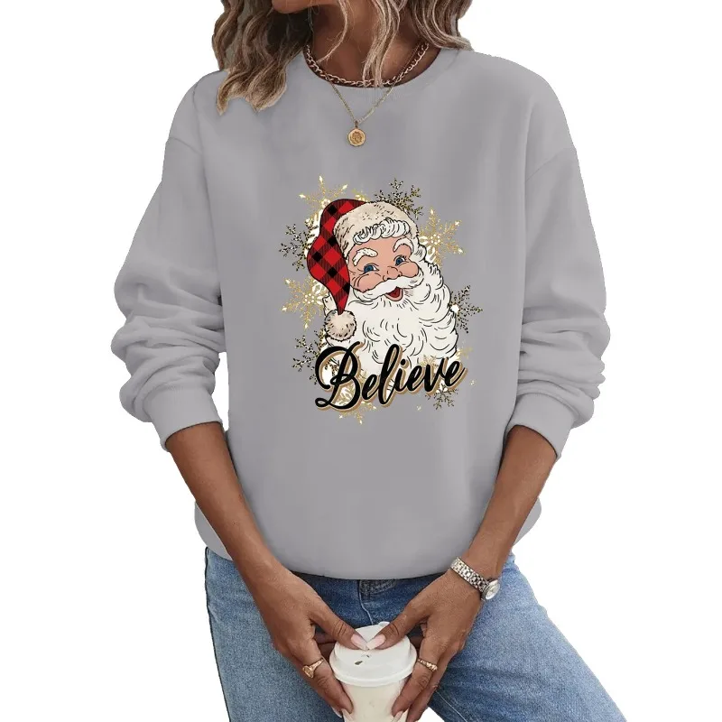 Sweat à capuche imprimé père Noël dessin animé pour femme, sweat-shirt à manches longues, streetwear chaud, col rond, vêtements PVD, Noël