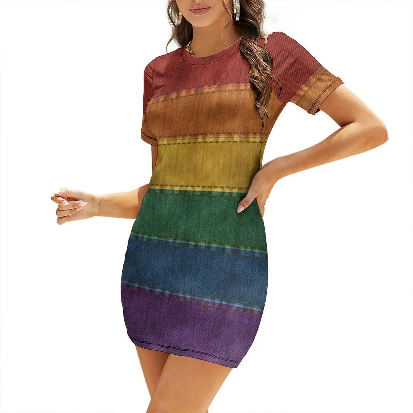 

Denim Textured Seamless LGBTQ Pride Rainbow Flag Background Short-Sleeved Dress women long dresses Dress