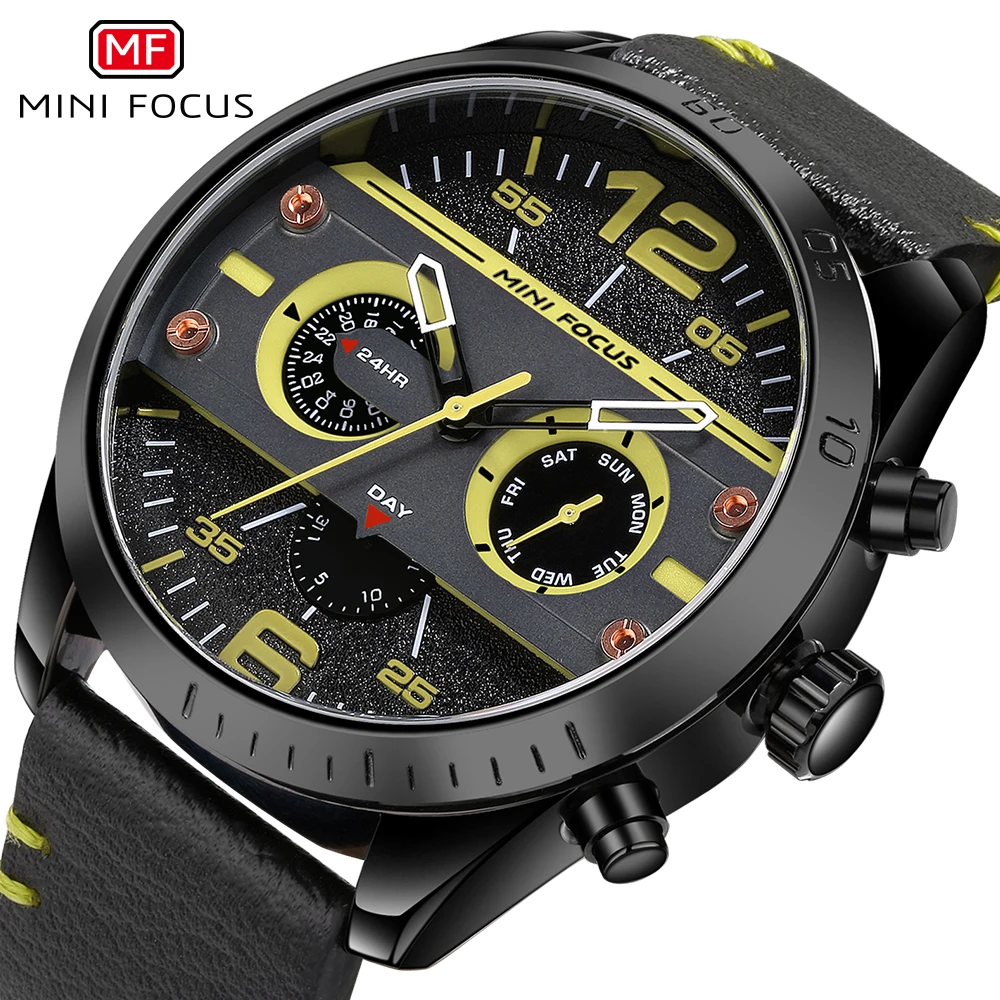 MINI FOCUS Fashion Quartz Mens Watches Top Brand Luxury Week Display Calendar Casual Leather Belt Business Waterproof Watch 0068