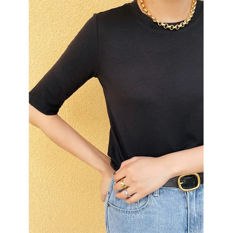 

Женская футболка из базового трикотажа, однотонная, с рукавом средней длины, приталенный классический топ, новинка 2025 года