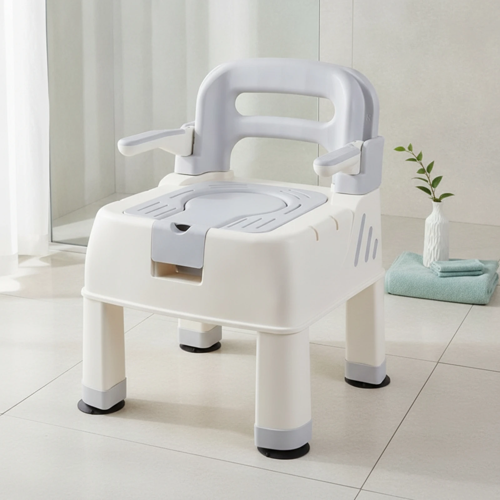 Commode Chair with Receptacle Waterproof Shower Commode Chair Bathroom Aid Anti-Skid Supportive for Elderly, Home Care