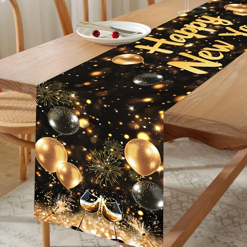 1 قطعة 2026 مفرش طاولة السنة الجديدة | تصميم الألعاب النارية باللونين الأسود والذهبي | مفرش المائدة مربع | متينة للعام الجديد #5