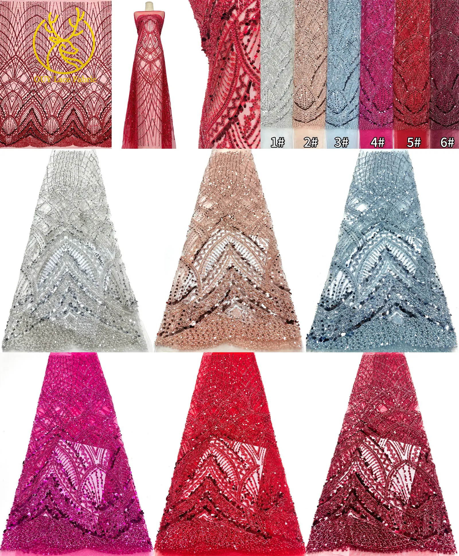 Roter afrikanischer Perlen-Spitzenstoff 2026, hochwertiger französischer nigerianischer Pailletten-Spitzenstoff für Damen, Hochzeit, Party, Kleid, Nähen – Detail 3