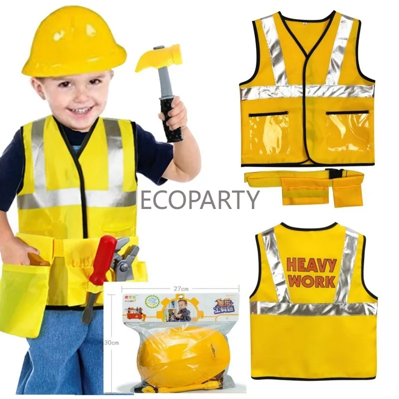 Construction Worker Costumes for Boys Toddler Dress Up Kids Builder Carrer Role Play Toy Set Heavy Worker Dress Up