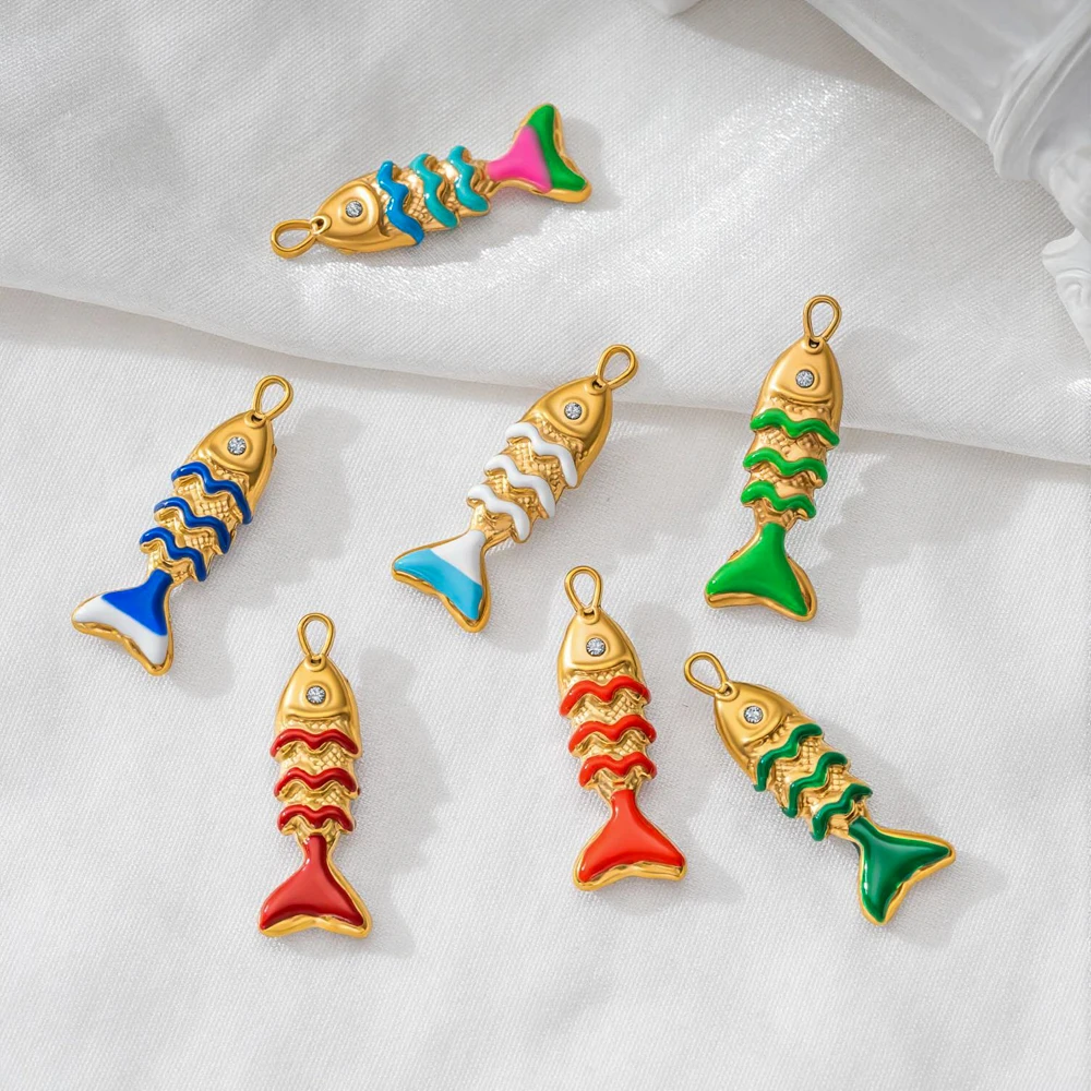 2 Stück/5 Stück Edelstahl-Ozean-Schmuckanhänger, 18K vergoldet, Emaille-Fisch-Tier-3D-Anhänger für DIY-Halsketten-Schmuckherstellung – Detail 6