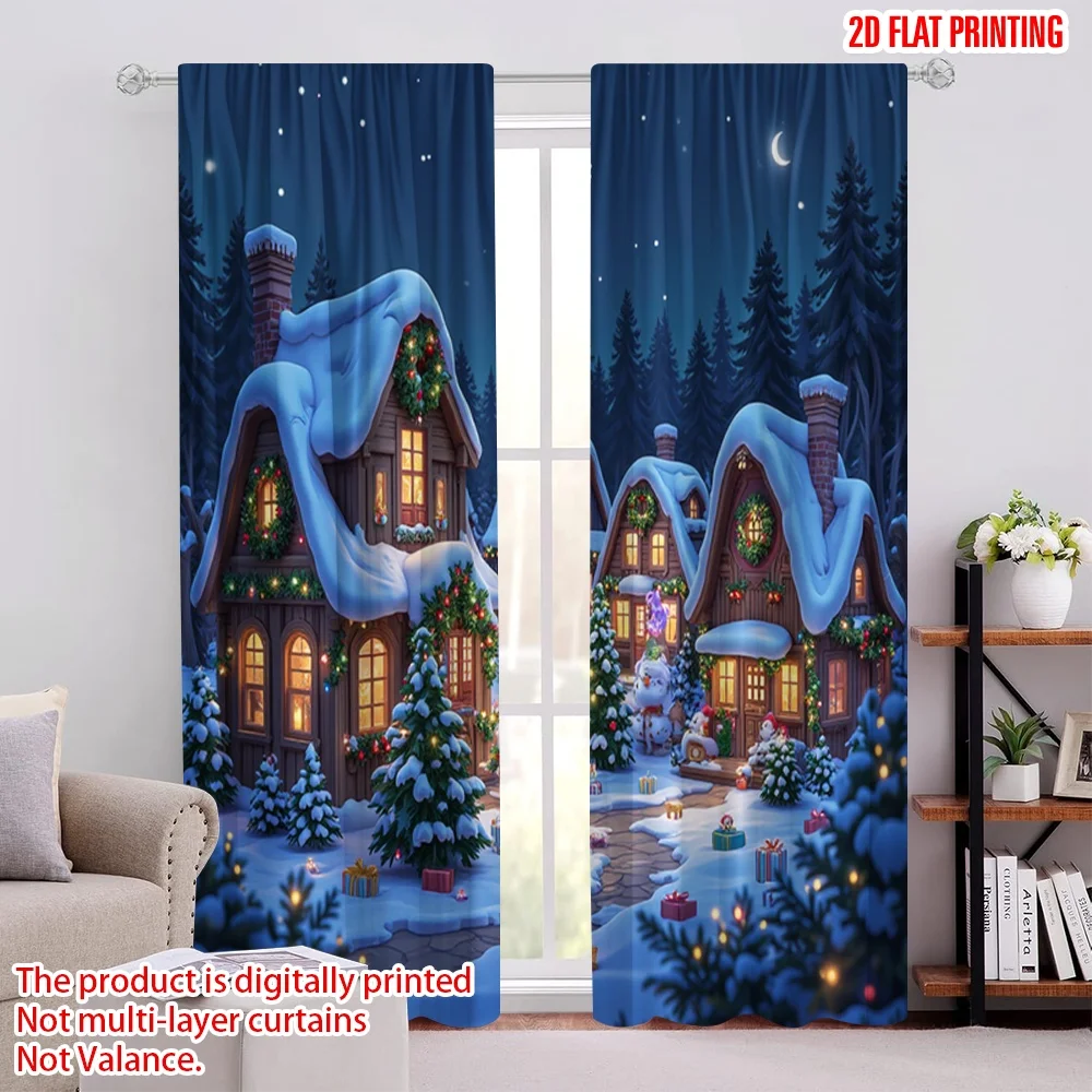 

2pcs 2D flat printing Merry Christmas Window Drapes Winter Miracle Durable Polyester Without Electricity Holiday Decorations