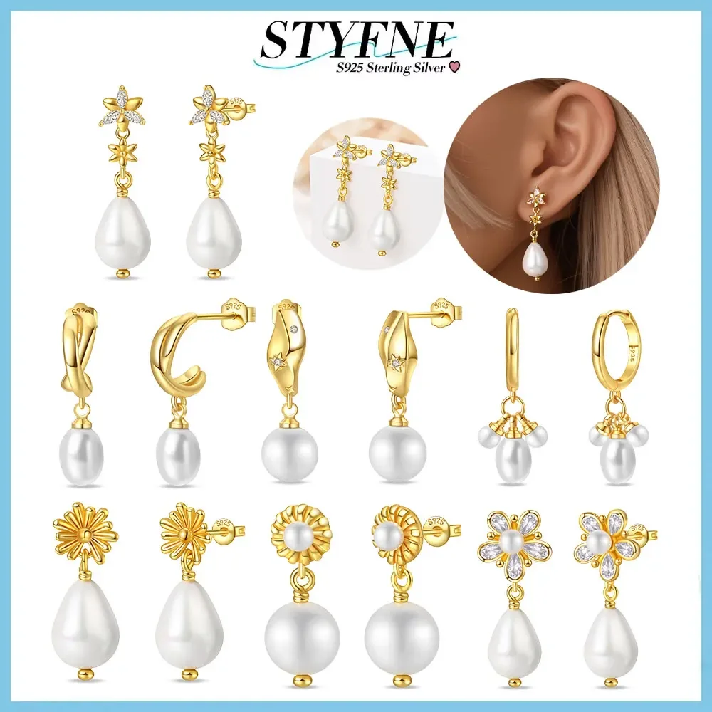 925 Sterling Silver Freshwater Treated Pearl Starlight Flower Gold Intertwined Earrings for Women's Fine Fine Jewelry Gifts