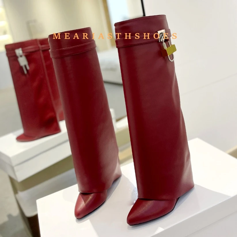 قفل معدني مطوية امرأة حذاء بكعب ويدج حزام جلد أسود الارتفاع زيادة حذاء برقبة للركبة أشار تو الشتاء أحذية طويلة حجم 44 #5