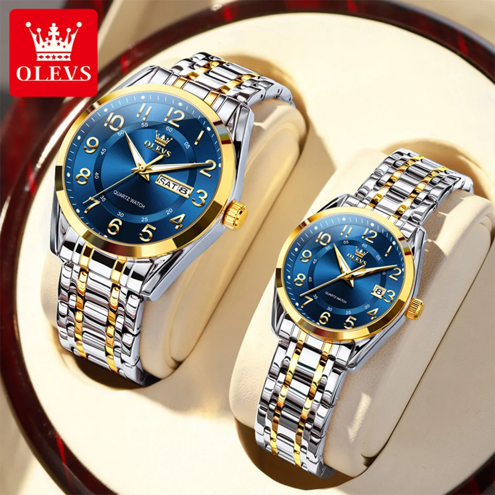 OLEVS 3666 Couple Watches Original Fashion Arabic Numerals Quartz Watches Waterproof Luminous Week Date Watches For Couple Gifts