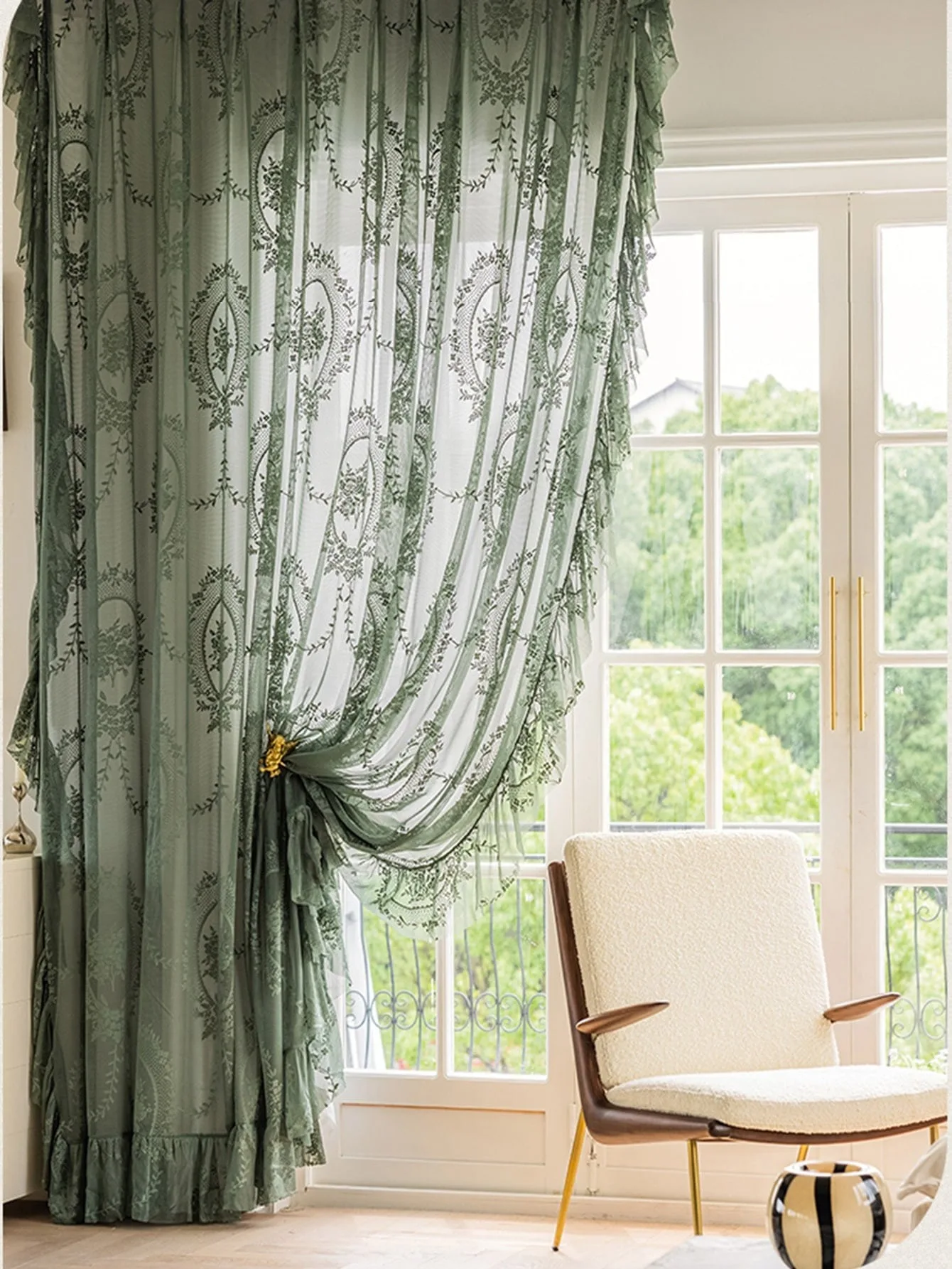1pc French Ruffled Lace Sheer, Olive Green Jacquard Translucent Curtain, Finished Sheer for Living Room, Bedroom & Balcony