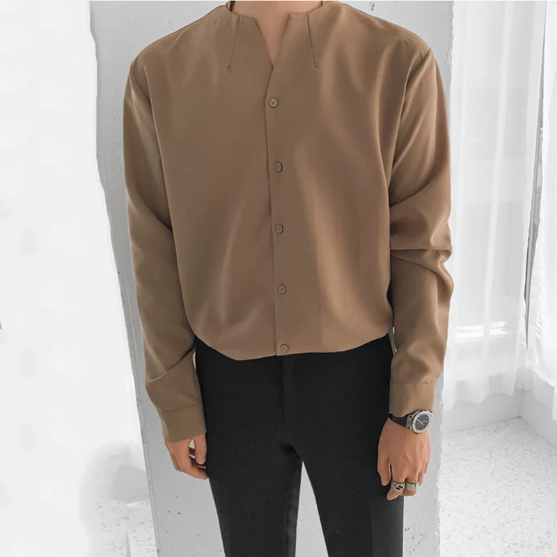 wear men's 2022 Autumn casual stand collar solid color shirt for male Personality Trend Handsome Long Sleeve Tops 2Y222