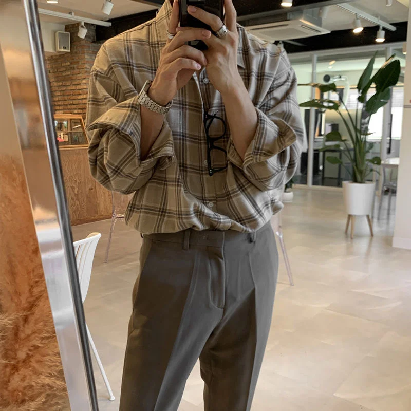 Spring Cotton Long Sleeve Shirt Men Fashion Retro Khaki Black Plaid Shirts Mens Korean Loose Oversized Casual Shirt Men M-2XL