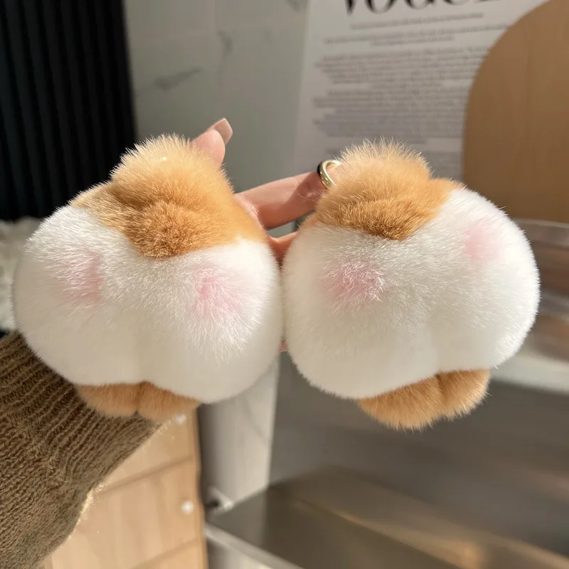 Cute Real Otter Rabbit Fur Corgi Butt Car Keychain Pendant Ins Trendy Plush Bag Charm Gift
