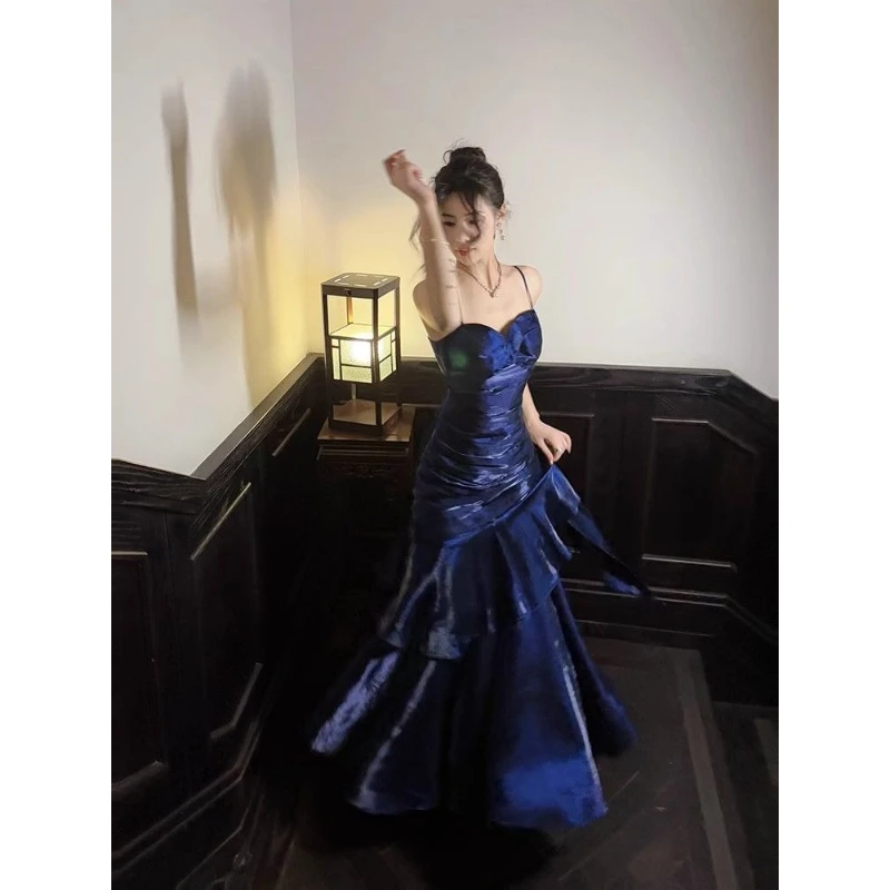 女性用サマーニューエレガントラッフルマキシドレス、ライトラグジュアリーボディコンスリングフィッシュテールドレス、ヴィンテージパーティガウン、プロムやイベントに