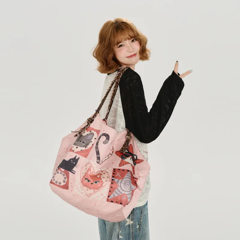Cartoon Shoulder Bag Pink Tote, Handbag Large Capacity Canvas Shopper, Bag Cute Cat Print Casual, Travel School Purse Gift