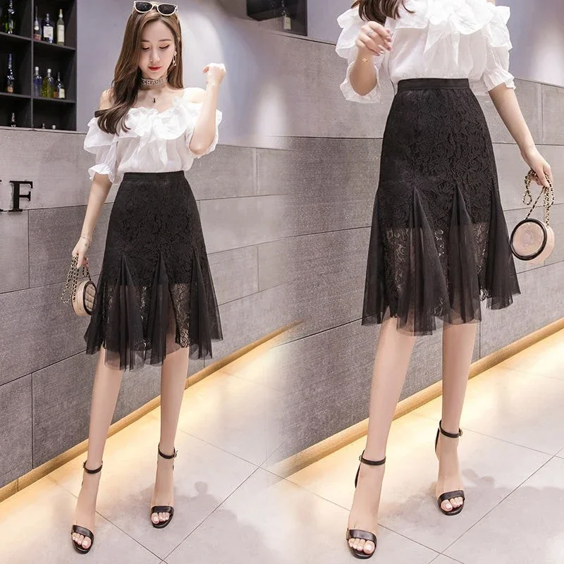 

Women's Skirt Mesh High Waist Lace Tulle Black Midi Patchwork Clothing Trend 2025 Quality A Line Y2k Vintage V Female Skirts
