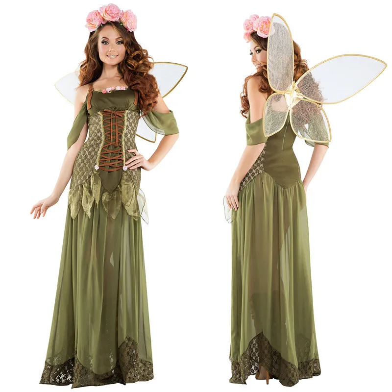 

Women's Green Fairy Dress with Wings Halloween Elf Princess Renaissance Lace-Up Costume for Carnival Party