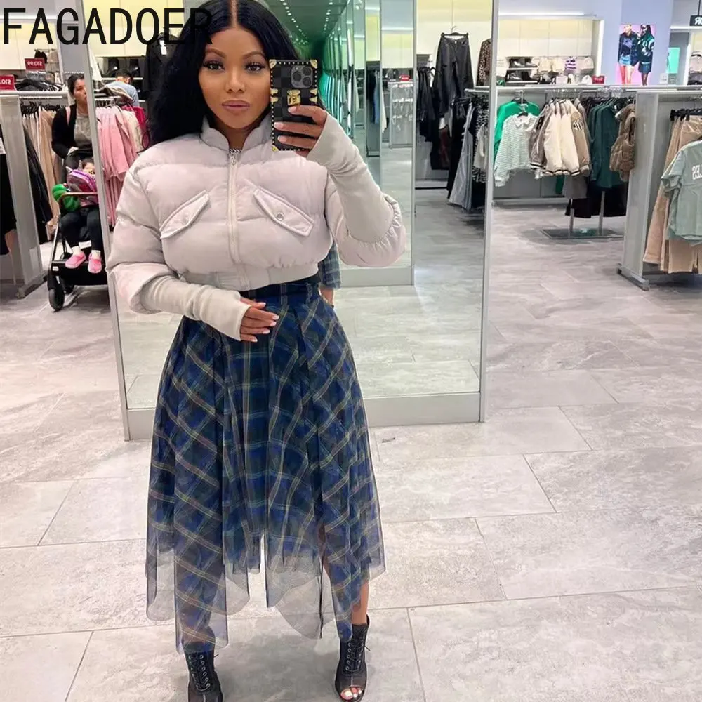 FAGADOER Autumn Winter Women Patchwork Ribber Cotton-padded Casual Zipper Long Sleeve Crop Tops Female Reversible Warm Jackets