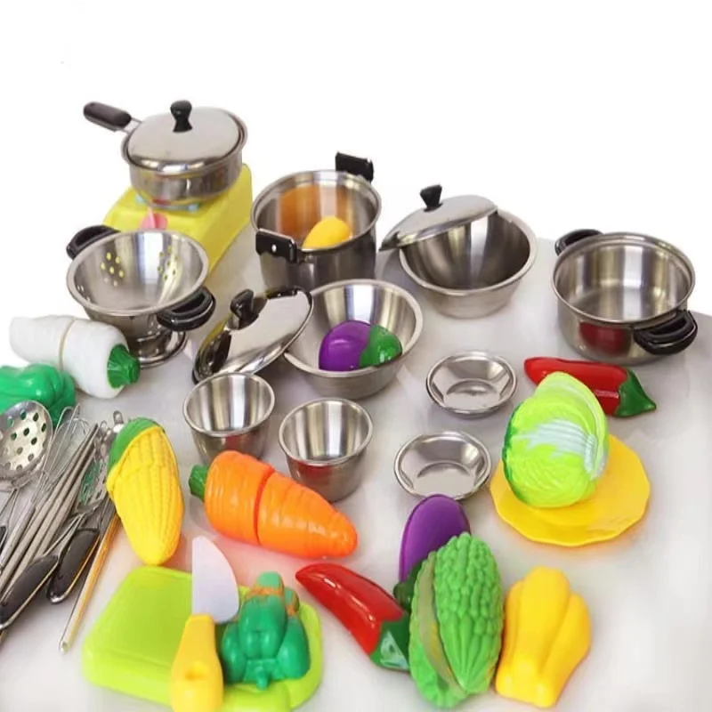 Kitchen Toy Set Simulation Cookware Cooking Utensils Apron Pot Pretend Playset Stainless Steel Pot Pan Cooking Utensil Tool Toys