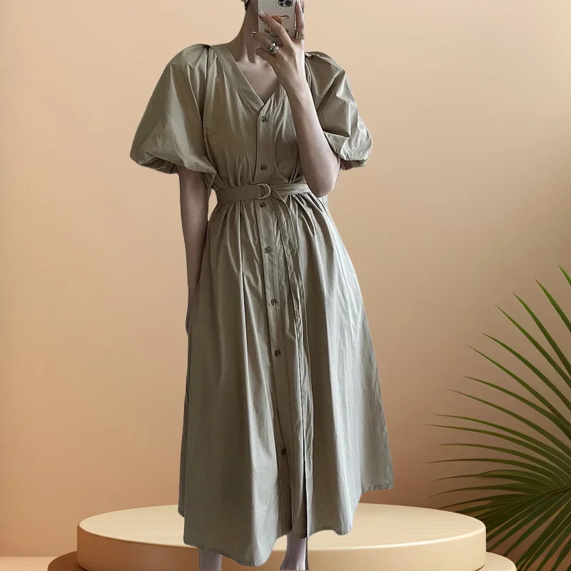 REALEFT Vintage High Waist Women's Shirt Dresses Sashes 2025 New Spring Summer Puff Sleeve V-neck Single Breasted Long Dress